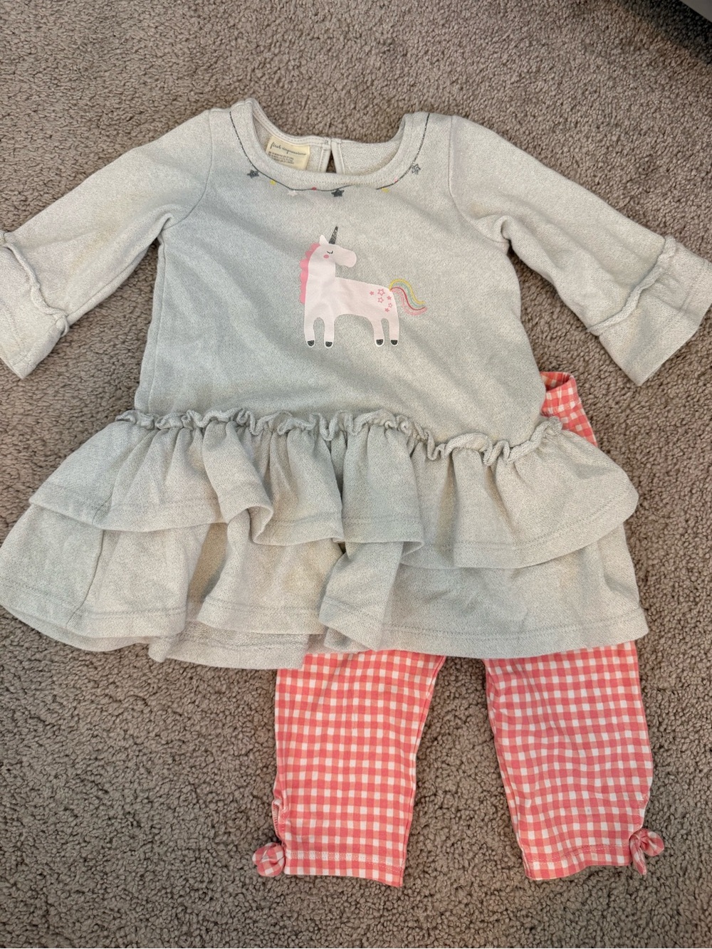 Unicorn Ruffle Tunic with Pink Gingham Leggings 18m